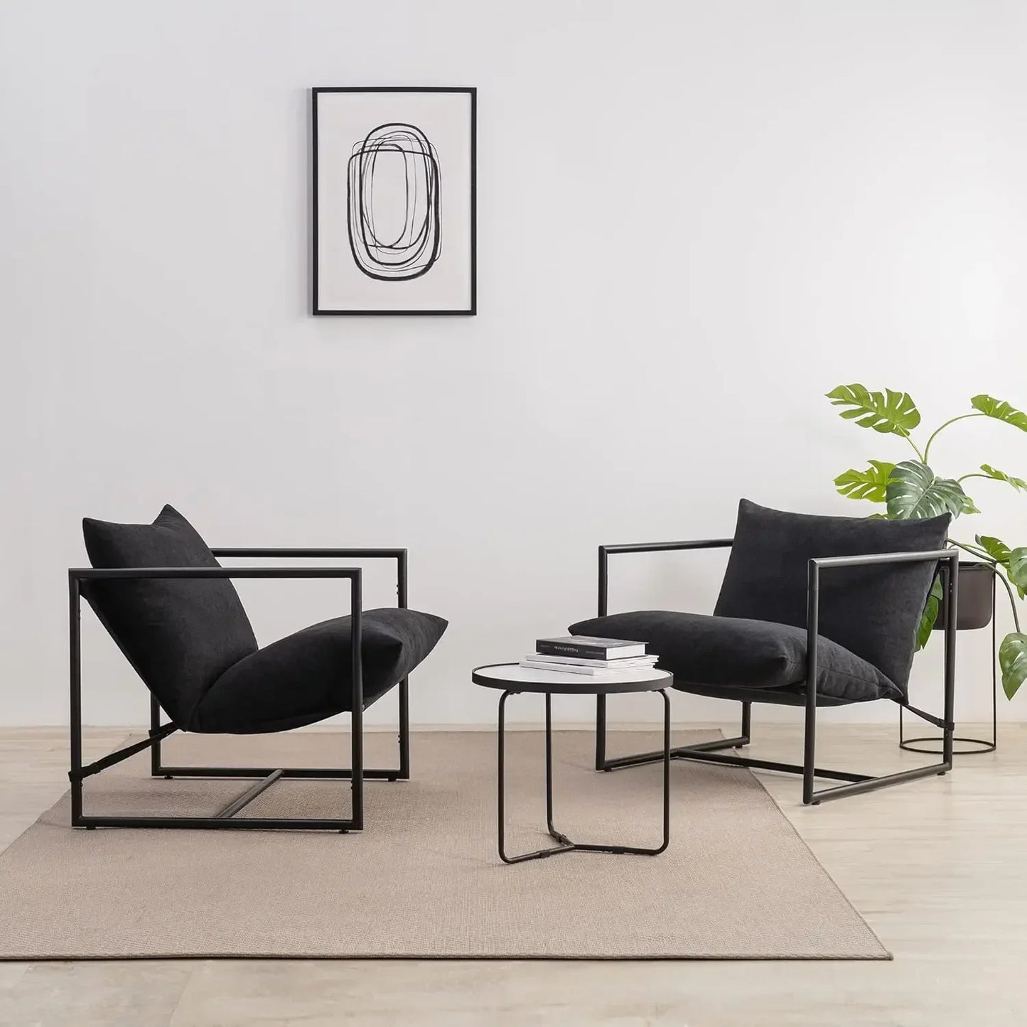 New2025-Aidan Sling Accent Chair, Metal Framed Armchair with Shredded Foam Cushioning, Black