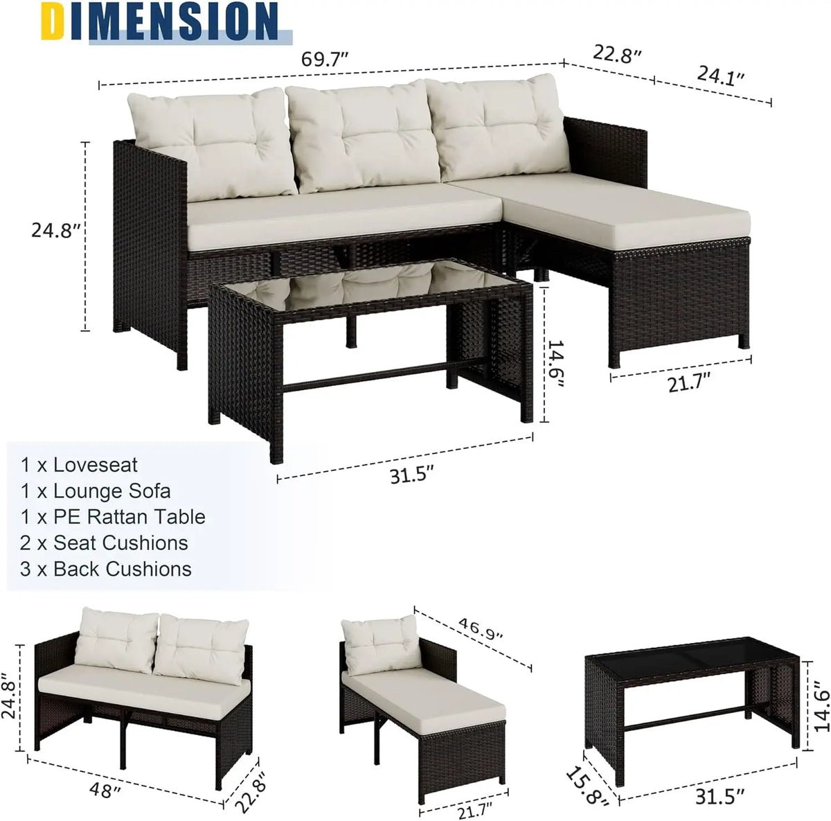 Vongrasig 3 Piece Patio Furniture Sets, All-Weather Wicker Outdoor Sofa Couch Sectional Set, Small Conversation Set for Patio, G