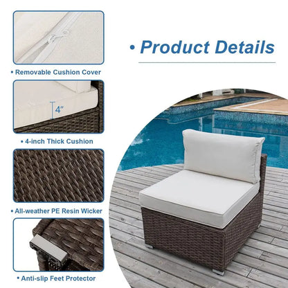 Outdoor Furniture Addon Armless Chair for Expanding Wicker Sectional Sofa Set w Off White Thick Cushions for Garden, Pool, Backy