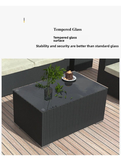 Rattan Garden Furniture Set, Outdoor Corner Sofa Couch, Handwoven Rattan Patio Conversation Set, Cushions and Glass Table