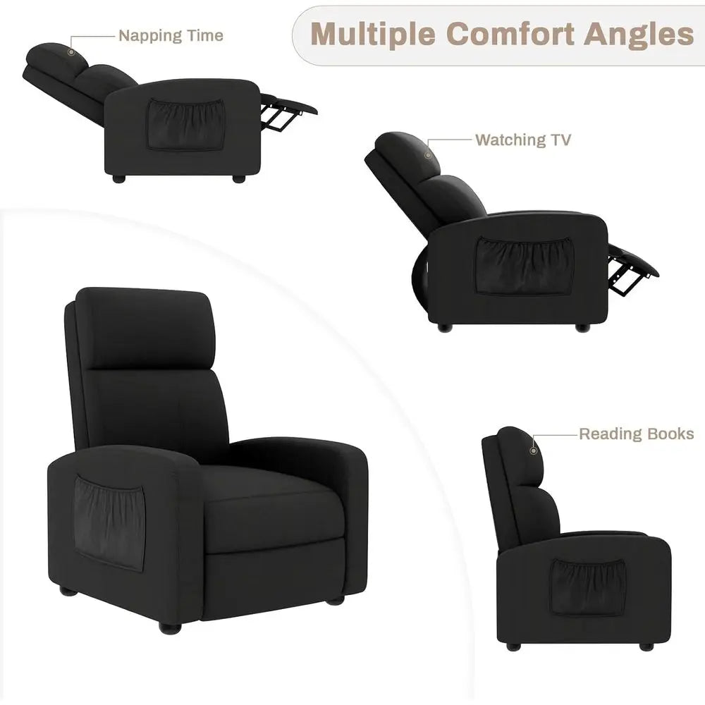 Black Linen Fabric Recliner Chair with Thicker Seat Cushion, Side Pocket, Adjustable Backrest and Footrest for Home Theater and