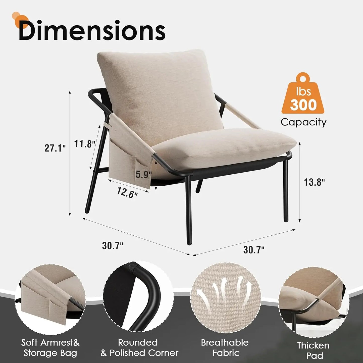 Accent Chairs Set of 2, Cozy Soft Living Room Chairs, Modern Metal Frame Reading Chair with Pockets Back Pillow, Customized