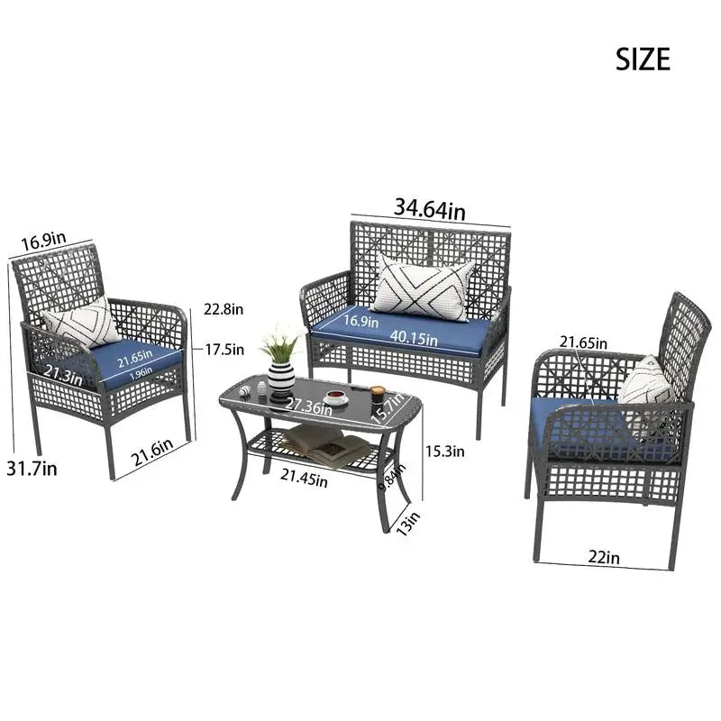 4-Pc Outdoor Patio Furniture Set, PE Rattan Wicker Garden Conversation Chairs with Tempered Glass Table & Soft Cushions for