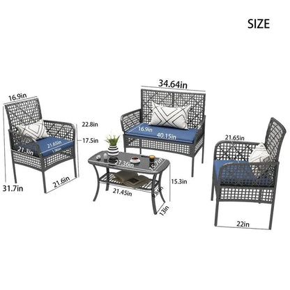 4-Pc Outdoor Patio Furniture Set, PE Rattan Wicker Garden Conversation Chairs with Tempered Glass Table & Soft Cushions for