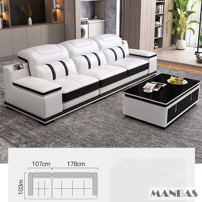 Modern Genuine Leather Sofa Living Room By MANBAS - Stylish Italian Couch with Bluetooth Speaker, USB & Adjustable Headrests