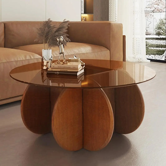 Table basse ronde moderne, plateau en verre de 31.5 pouces, pieds en bois massif, Table centrale de salon rustique