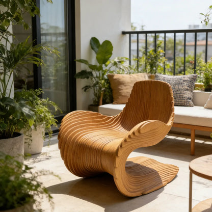*Contemporary Wavy Solid Wood Slice Leisure Chair | Unique Irregular Accent Chair for Modern Living Room, Home Office & Patio