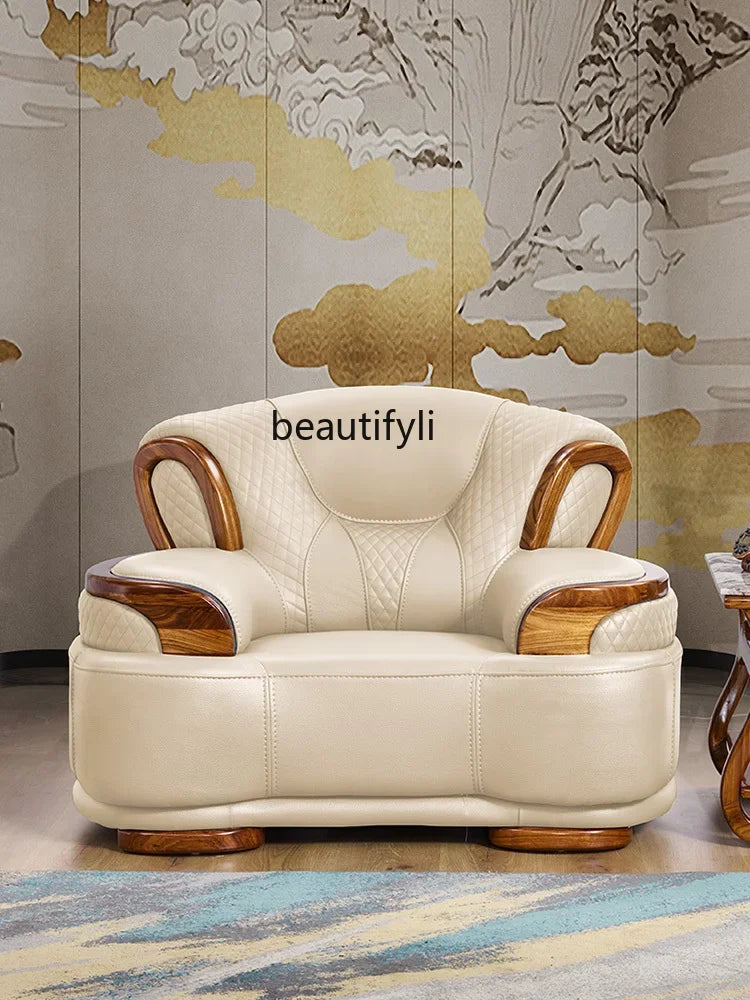 A38 Leather Sofa Luxury Villa Living Room New Chinese Style First Layer Cowhide European Solid Wood Home