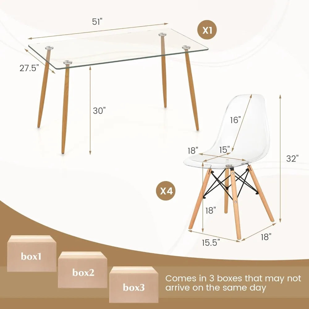 Dining Table Set for 4, Modern Kitchen Table and Chairs, Glass Table and Chairs Set of 4 for Small Living Room, Kitchen