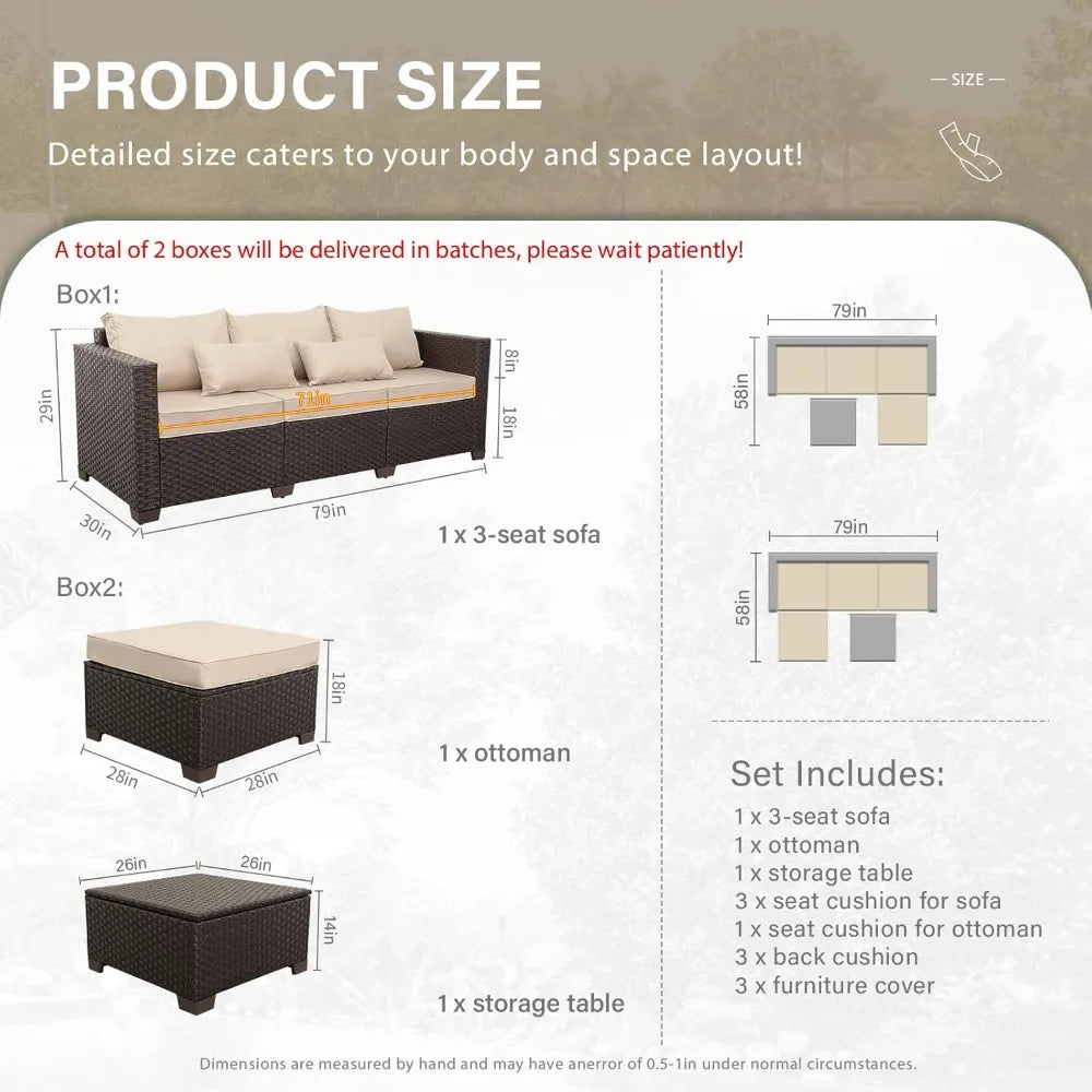 3-Piece Outdoor Sectional Sofa Set with Wicker Couch, Ottoman, and Coffee Table - All-Weather, Weather-Resistant Storage Include