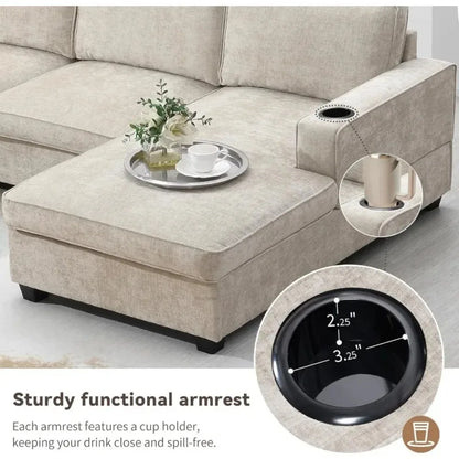 Large U-Shaped 6-Seat Chenille Sectional Sofa Set with Chaise, Cup Holders for Spacious Living Room