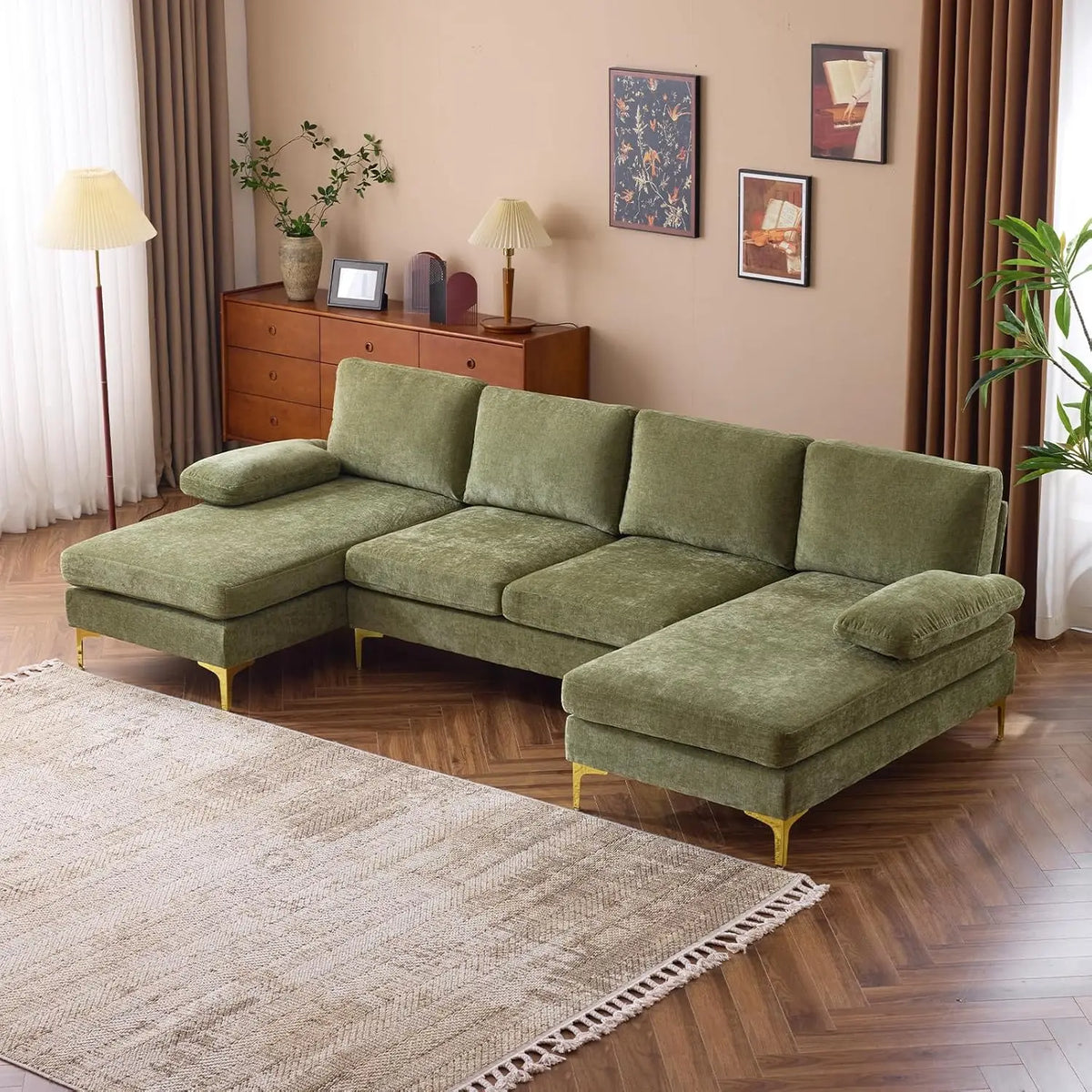 Living Room Sectional Sofa, U Shaped Sofa with Double Chaise Longue