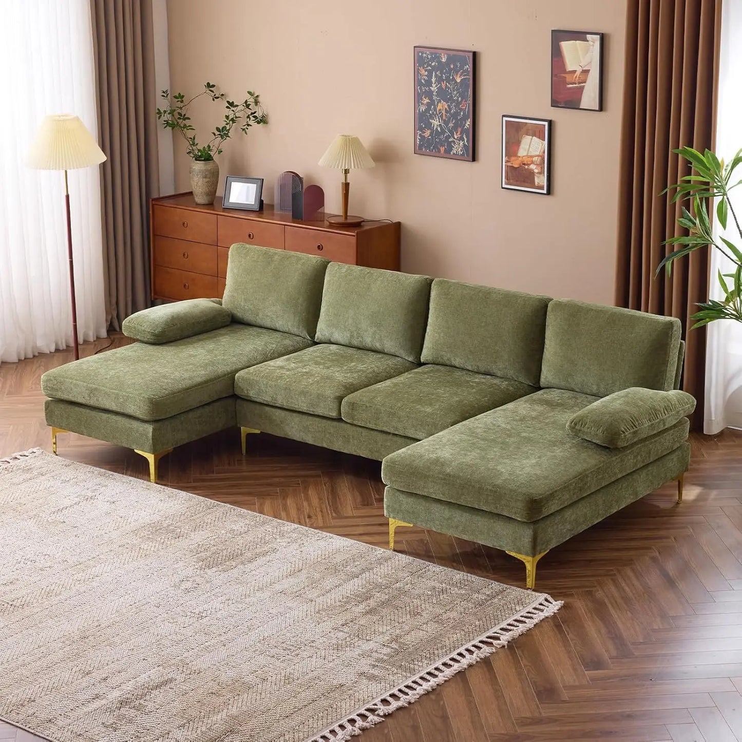Living Room Sectional Sofa, U Shaped Sofa with Double Chaise Longue