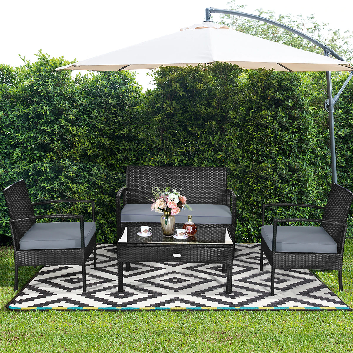 4pcs Outdoor Patio Rattan Wicker Set Table Sofa Cushioned Deck Black