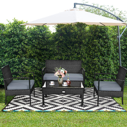 4pcs Outdoor Patio Rattan Wicker Set Table Sofa Cushioned Deck Black