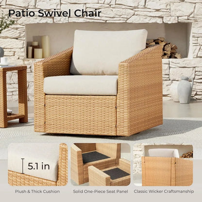 Patio Wicker Chair, 360° Swivel Outdoor Rattan Chair with Thickened Cushions for Backyard, Poolside, Garden or Porch, Beige Cus