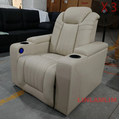 Genuine Leather Sofa Chair for Home Theater, Modern Electric Power Reclining Seat with Footrest and Cup Holders