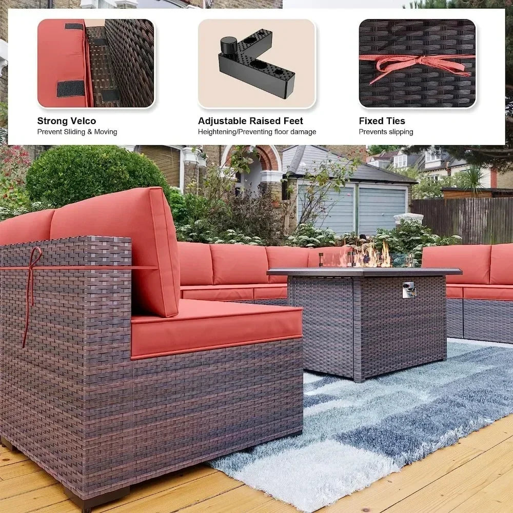[New Arrival!Free Shipping!]"13-piece outdoor patio furniture set with 43-inch 55,000 btu gas propane fire pit table and wicker