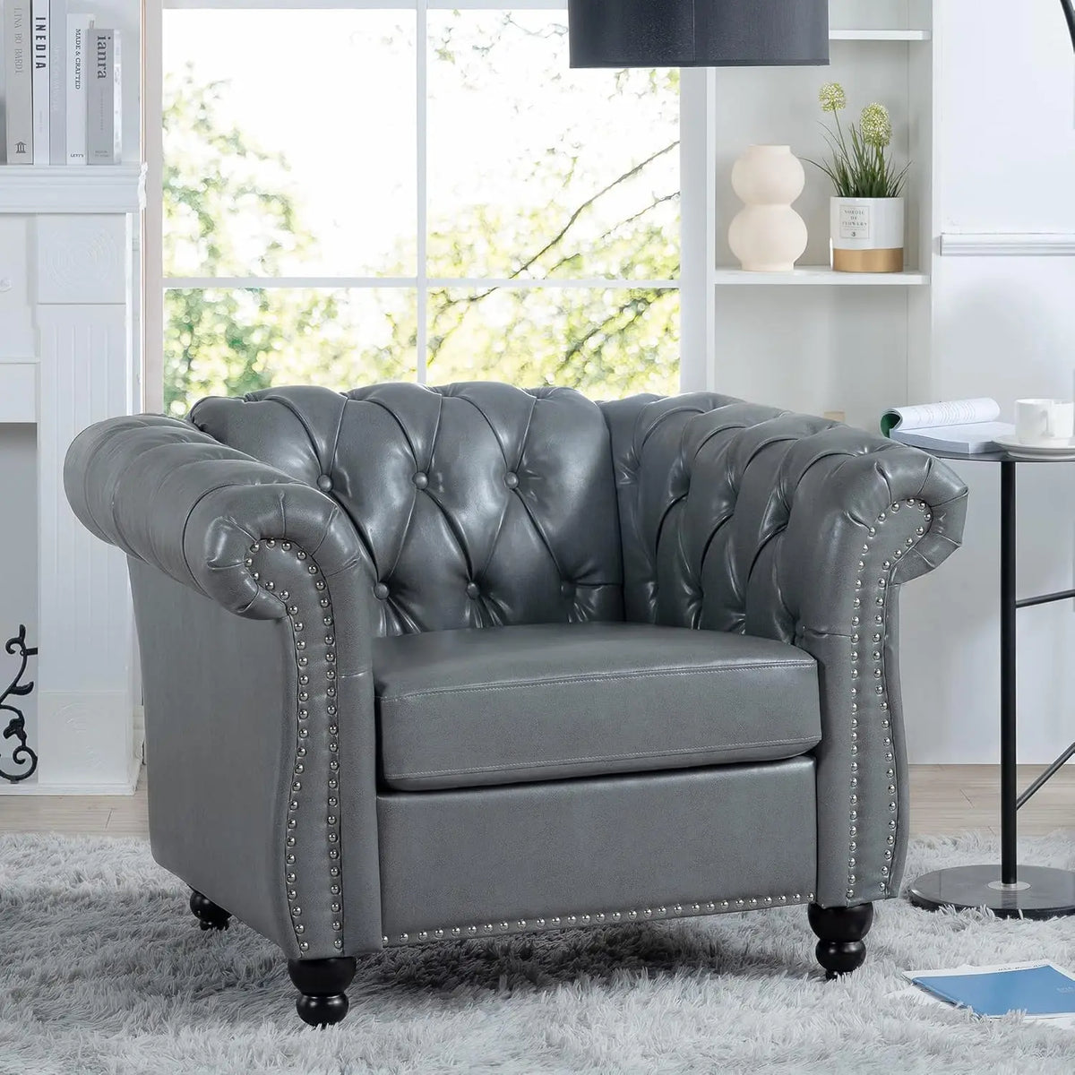 Sofa Chair for Living Room Modern PU Leather Upholstered Armchair Oversized Comfy Single Sofa Chair with Cushion Mid Century Tuf