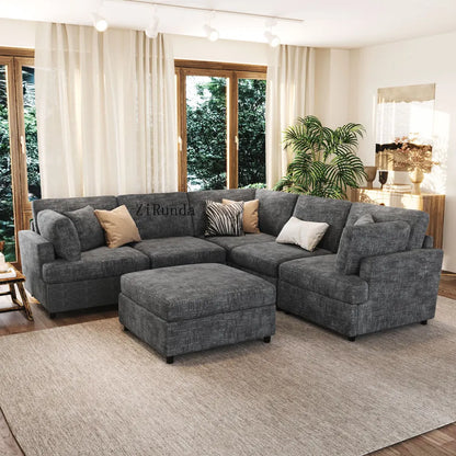 127 inch U-shaped segmented sofa with movable Ottoman style, 6-piece set of chenille fabric sofa