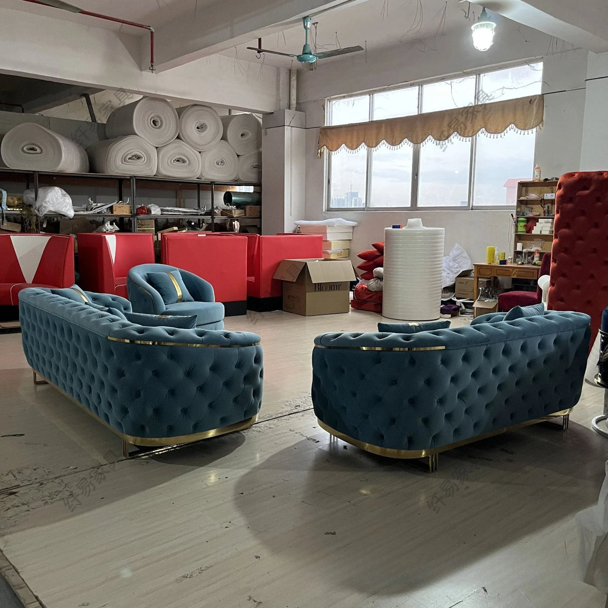 Sofa Velvet American light luxury fabric sofa straight row 123 Internet celebrity designer living room high-end buckle sofa