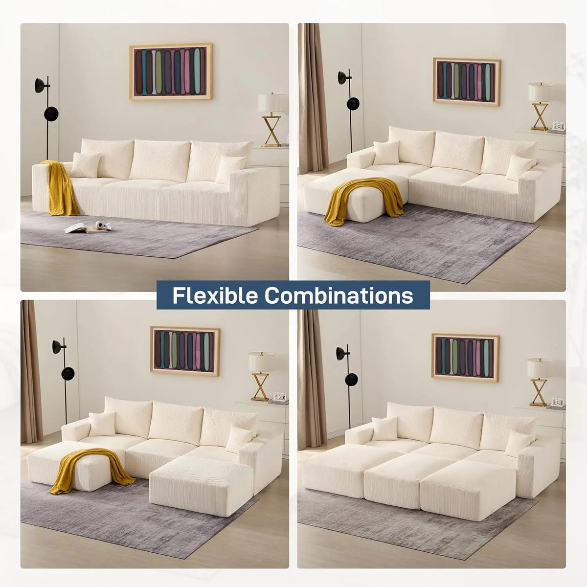Sectional Cloud Boneless Sofa Bed Couches for Living Room-113'' Beige 3 Seater Modern Lounge Sleeper Couch-No Assembly-Modular C