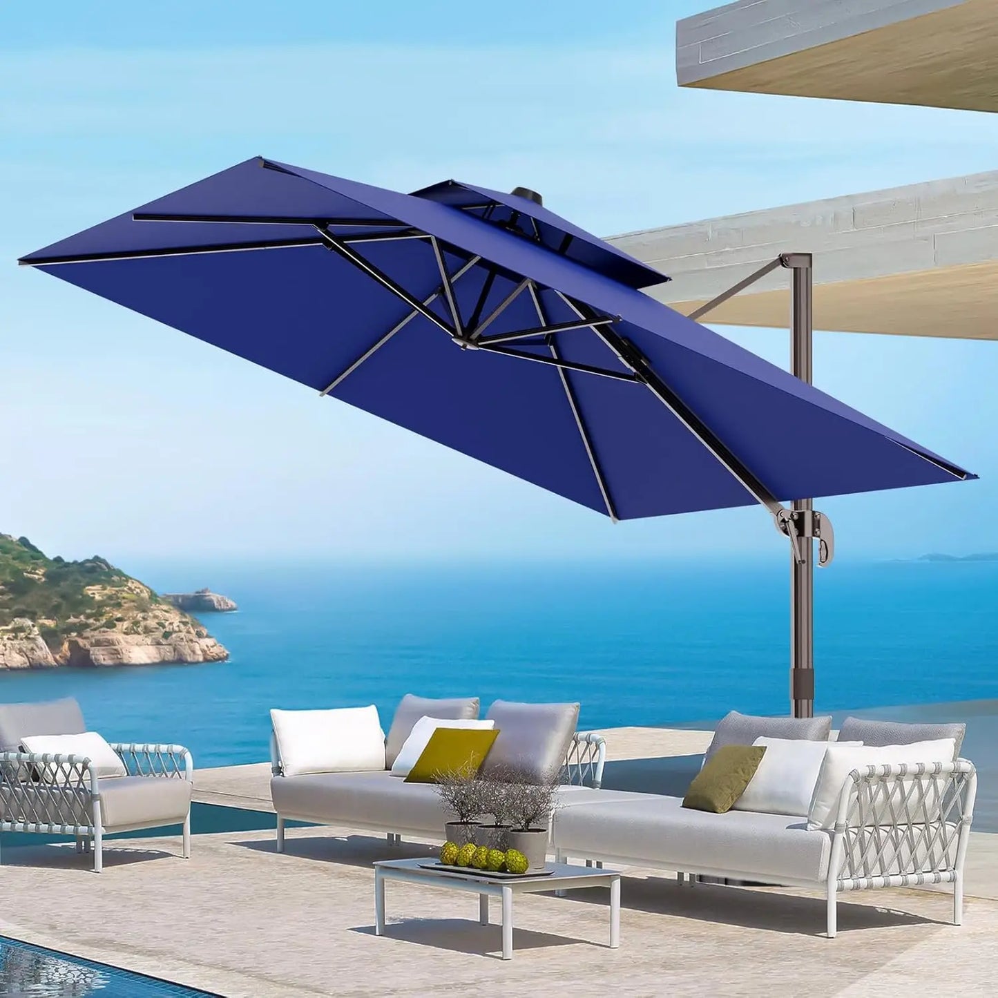 9' X 12' Cantilever Outdoor Patio Umbrellas with Base Included, Large Rectangle Umbrella Heavy Duty 360°Rotation Offset
