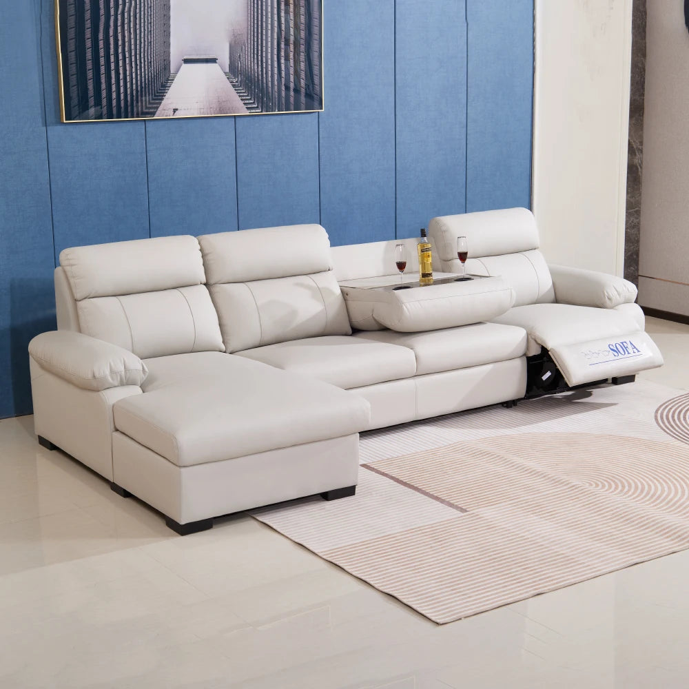 Modern Multi-functional l Shape White Leather Leather Sectional  Foldable Storage and Electric Recliner for Living Room Sofas