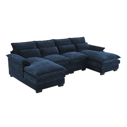 Couch U-shaped Sectional Sofa Japanese Dark Blue Sleeper Sofa  with Waist Pillows Double Chaise Lounge for Living Room Apartment