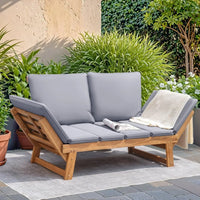 Devoko Outdoor Couch Acacia Wood Patio Couch with Adjustable Armrests Outdoor Convertible Sofa with Removable Cushions & Pillows