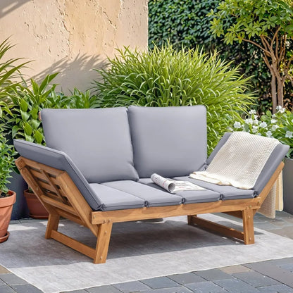 Devoko Outdoor Couch Acacia Wood Patio Couch with Adjustable Armrests Outdoor Convertible Sofa with Removable Cushions & Pillows