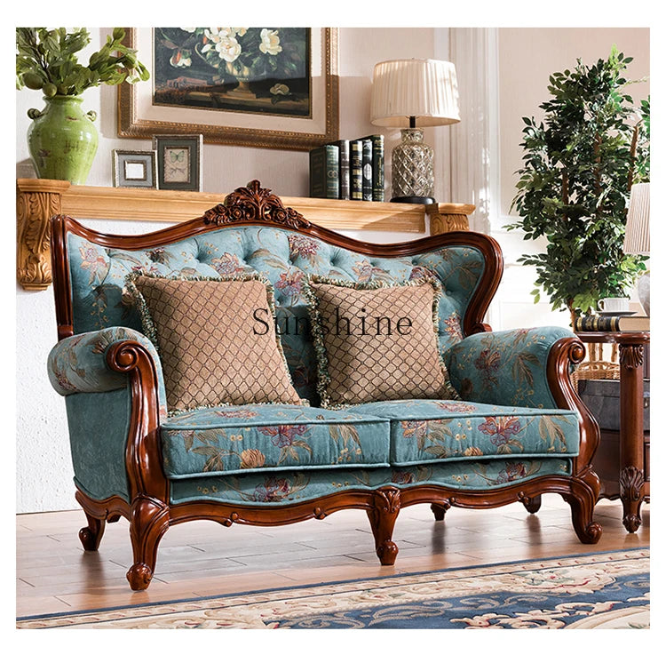 American-style all-solid wood fabric sofa combination three-person furniture set