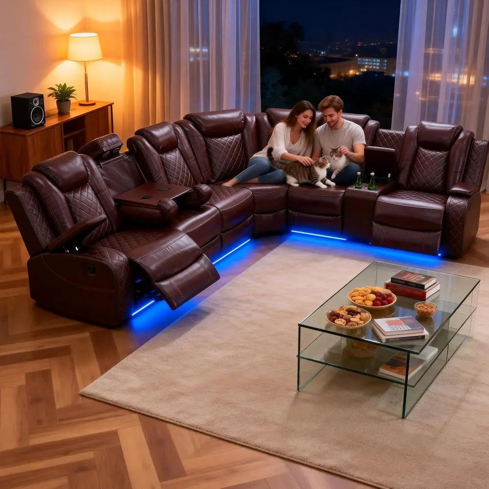Power Reclining Sectional Soa, Leather Reclining Couch, ern Living Room urniture Set with LED Lights, Cup Holders & Storage ole,