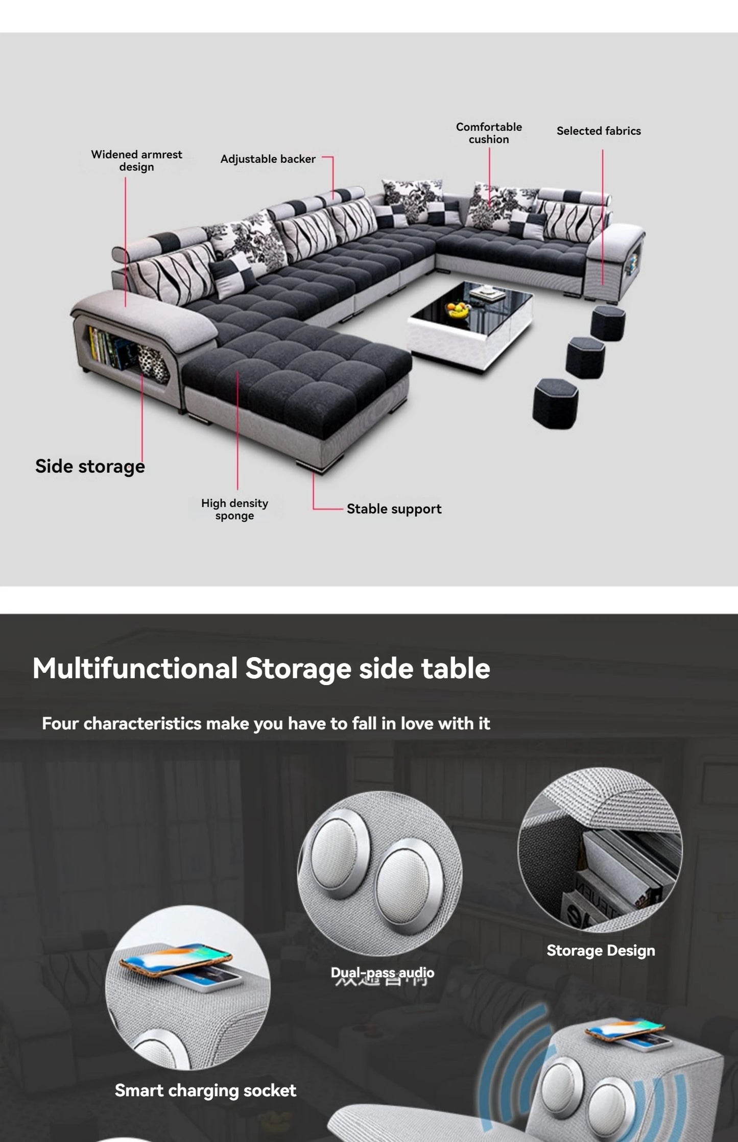 Sectional Couches for Living Room with Smart Bluetooth Speaker Charging Sectional Sofa Set with Chaise L-Shape Sectional Couch