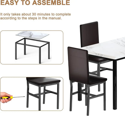 Dining Table Set for 4, Modern Kitchen & Dining Room Sets Faux Marble Table with 4 Leather Chairs for Small Space