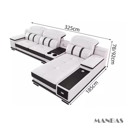 Modern Genuine Leather Sofa Living Room By MANBAS - Stylish Italian Couch with Bluetooth Speaker, USB & Adjustable Headrests