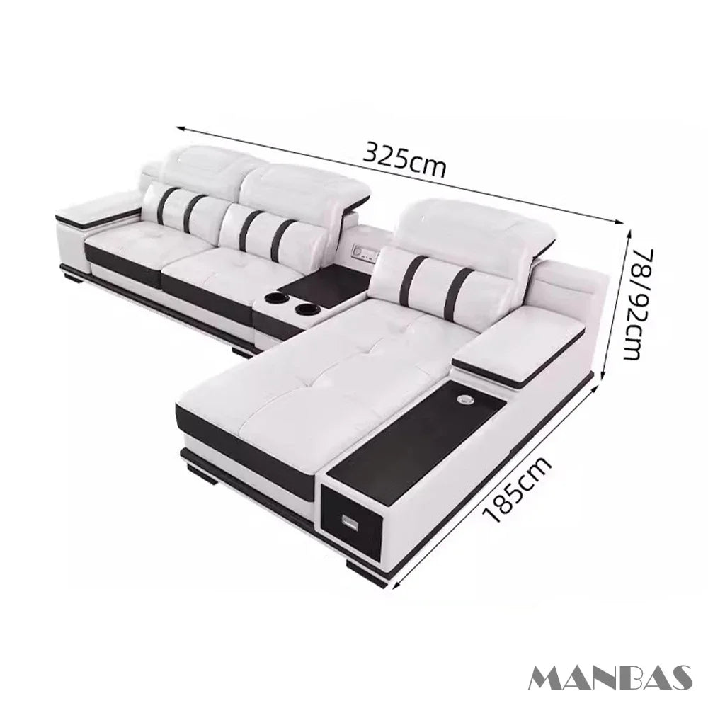 Modern Genuine Leather Sofa Living Room By MANBAS - Stylish Italian Couch with Bluetooth Speaker, USB & Adjustable Headrests