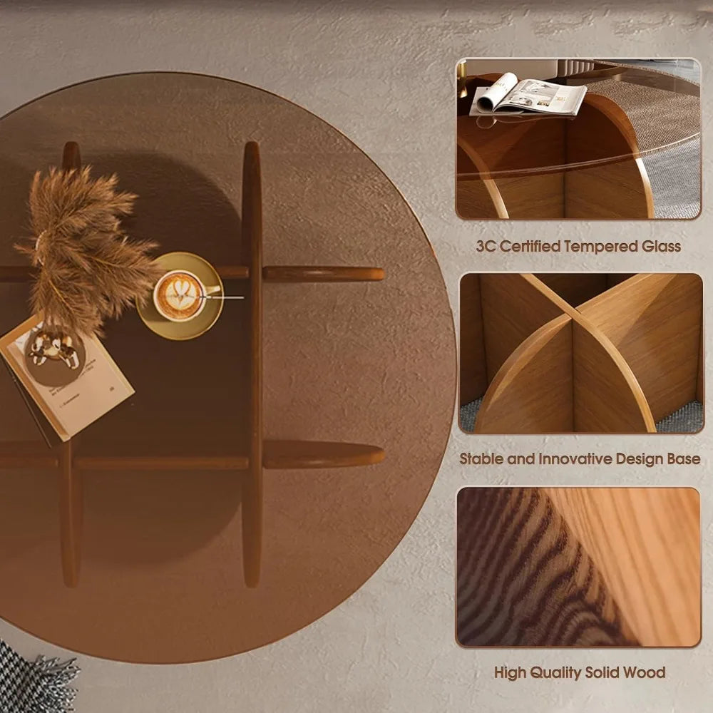 Table basse ronde moderne en verre avec pieds en bois, plateau trempé de 31,5 pouces pour les petits espaces du salon