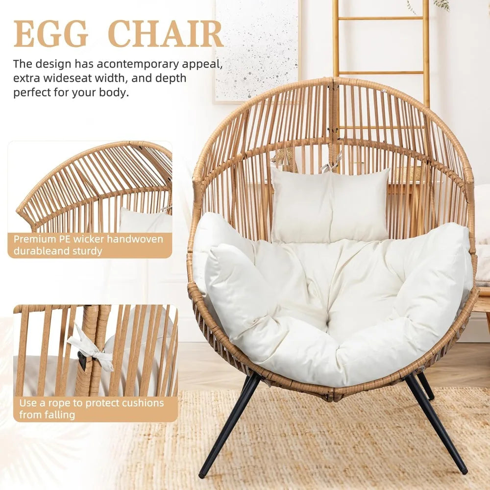 Outdoor Indoor Hanging Egg Chair PE Wicker Rattan Lounge Chair with Cushion for Patio Garden Balcony Backyard Beige