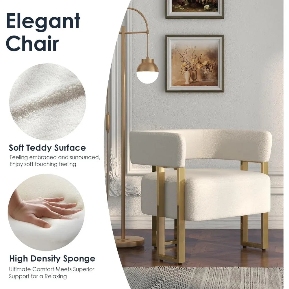 Modern Sherpa Boucle Accent Chair Upholstered Armchair White Bucket Chair Comfy Side Chair Round Barrel Arm Chairs for Small Sp