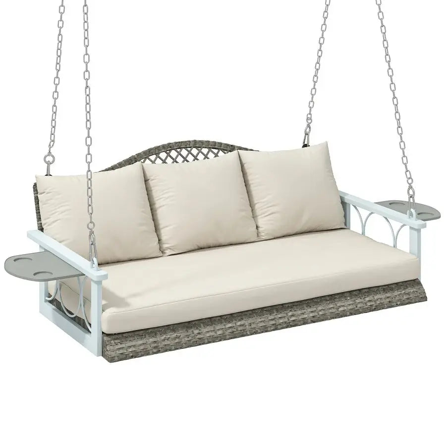 3 Person Wicker Porch Swing Chair Heavy Duty 800 LBS with Cup Holder, 57 Inch Outdoor Rattan Patio Hanging Swing Bench with Cus