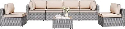 7 Pieces Outdoor Patio Sectional Sofa Couch, Silver Gray PE Wicker Furniture Conversation Sets with Washable Cushions & Glass C