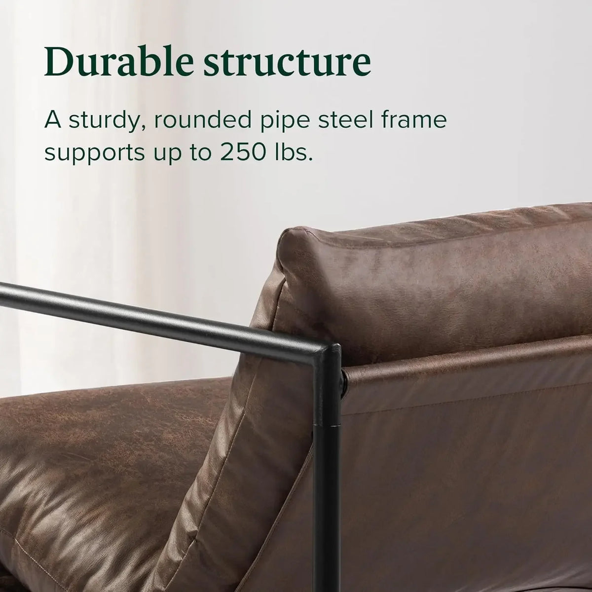 Faux Leather Sling Accent Chair, Metal Framed Armchair with Shredded Foam Cushioning, Cocoa Brown