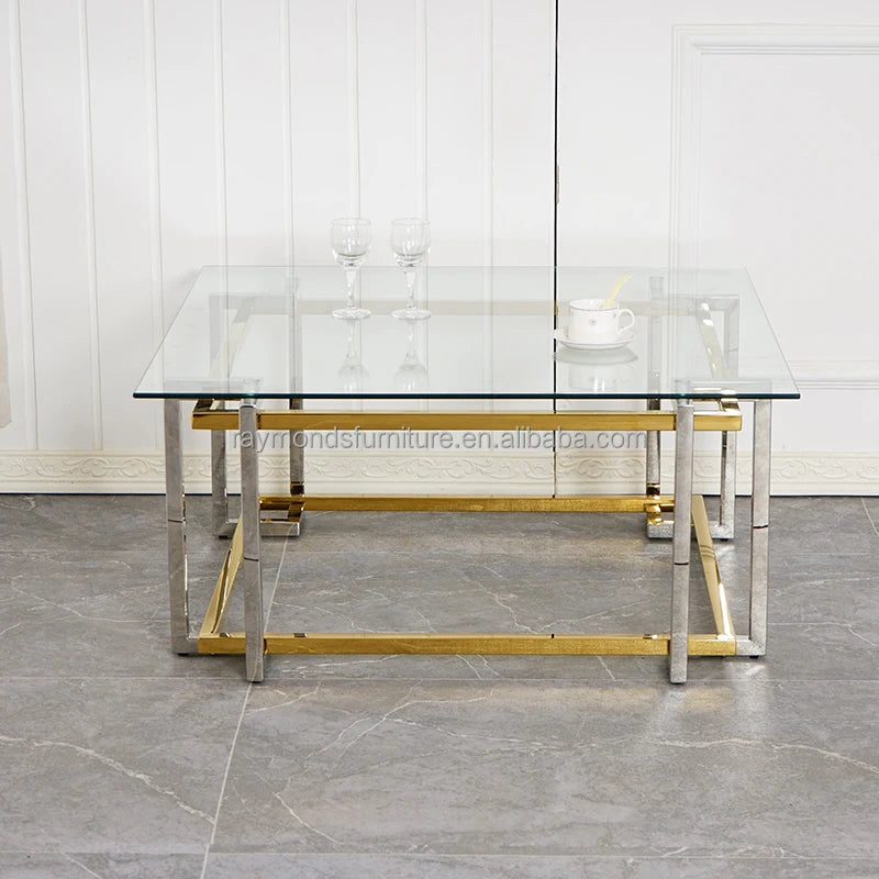 Glass Coffee Table, Modern Glass Table, Gold Rectangular Center Table, Glass Top & Acrylic Legs 2-Tier Storage for Home Living O