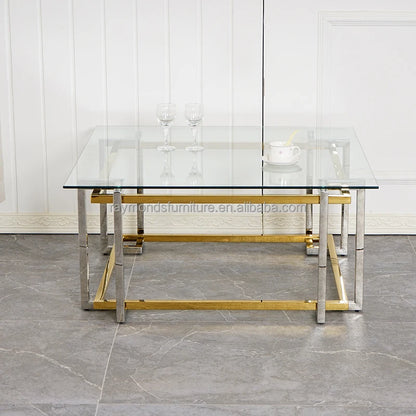 Glass Coffee Table, Modern Glass Table, Gold Rectangular Center Table, Glass Top & Acrylic Legs 2-Tier Storage for Home Living O