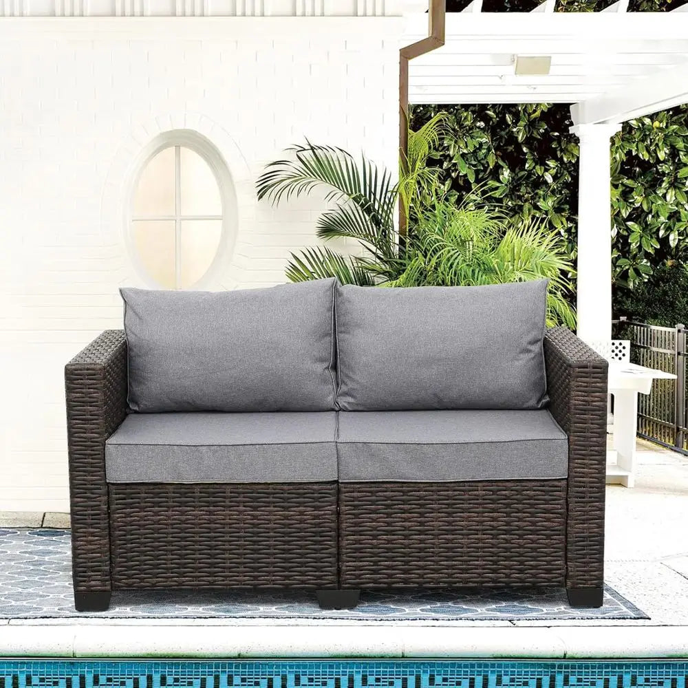 Patio PE Wicker Couch Furniture Loveseat Outdoor Brown Rattan Sofa with Washable Cushions (Grey)