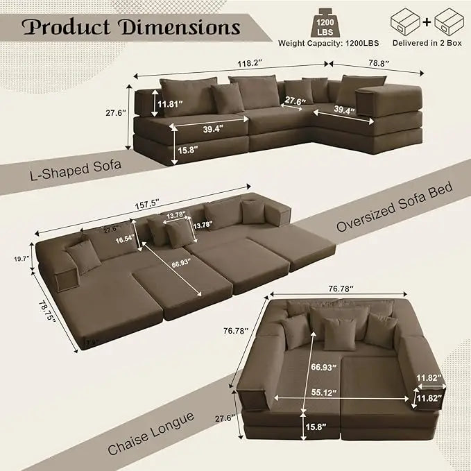 118" L Shaped Modular Sectional Cloud Couch, 6-in-1 Memory Foam Boneless Couch for Living Room, DIY Oversized Corduroy Sofa Bed