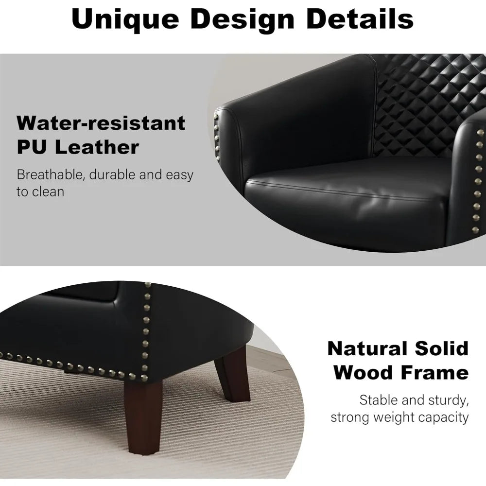 Upholstered Faux Leather Club Chair with Nailed Trim, Comfortable Reading Armchair for Living Room and Bedroom Reception