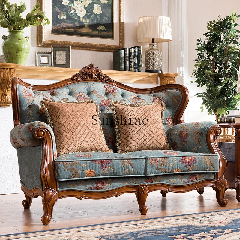 American-style all-solid wood fabric sofa combination three-person furniture set