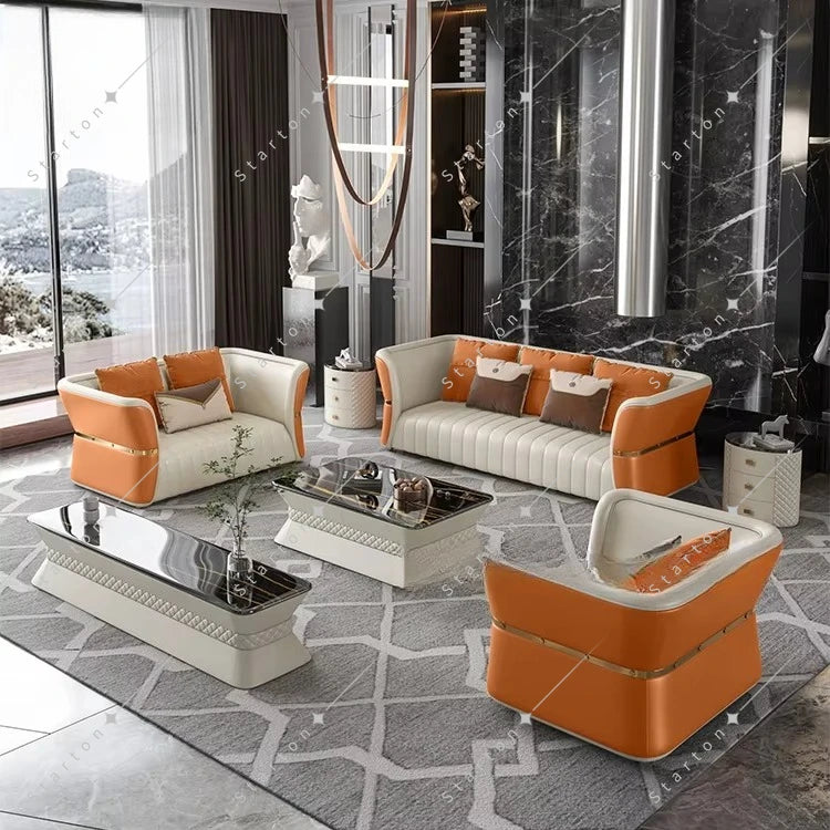 Modern Luxury Indoor Synthetic Leather Sofa Set 2025 Designs Stainless Steel Wood for Living Room Furniture for Hotels